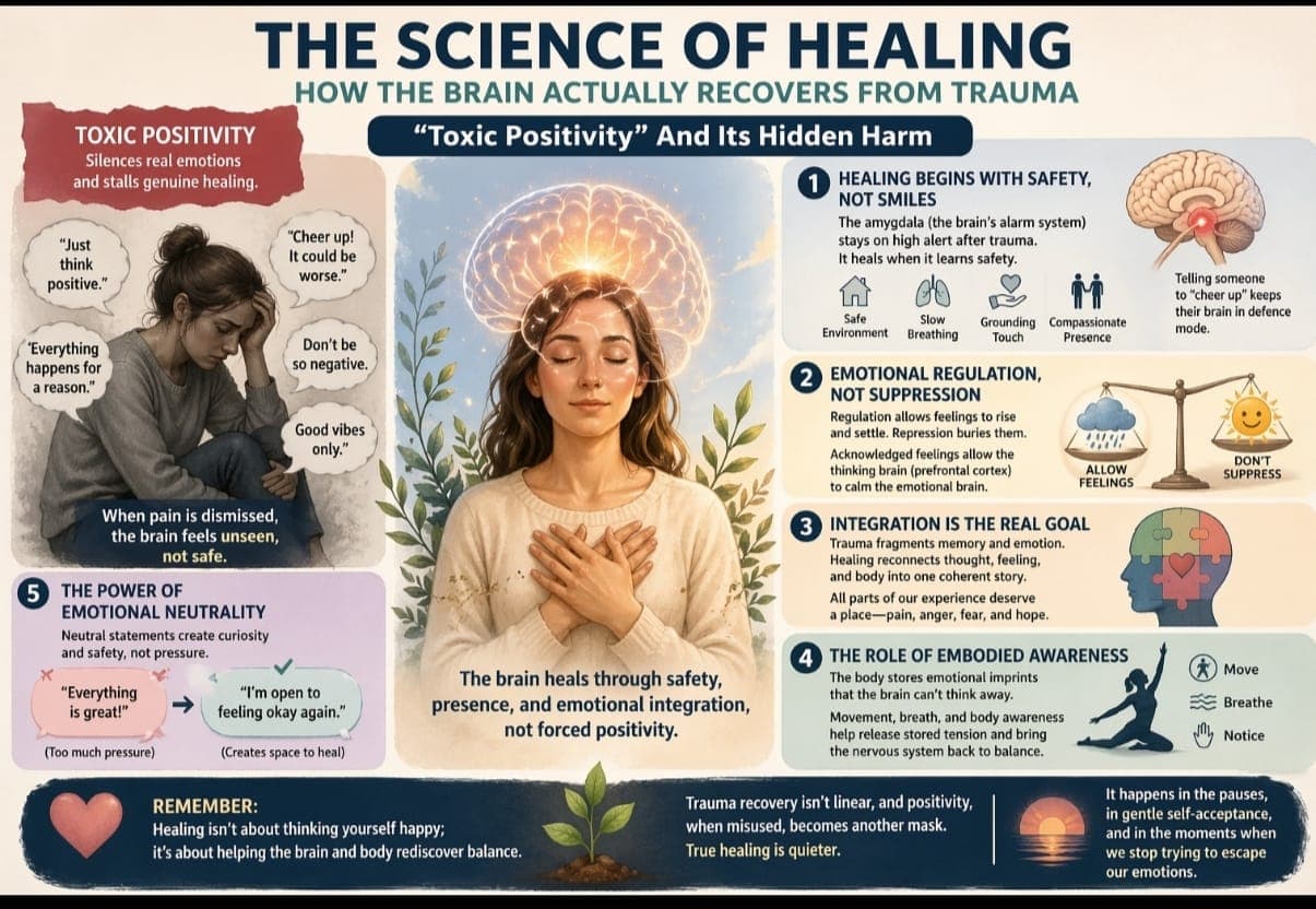 Infographic: The science of healing—how the brain recovers from trauma, and why toxic positivity can block genuine recovery